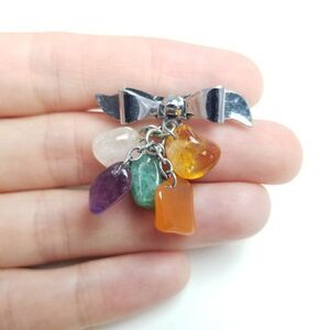Vintage Bow Brooch with Rainbow Colorful Polished Stone Dangle Charms, Estate